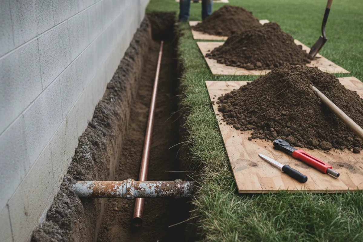 Excavated water line trench during Water Softener Installation in Nashville